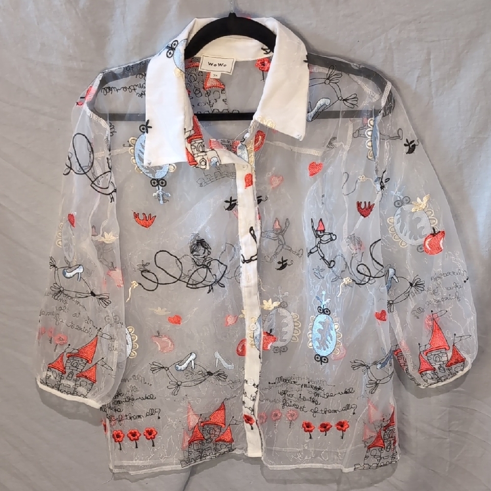 Sheer White and Red Embroidered Blouse